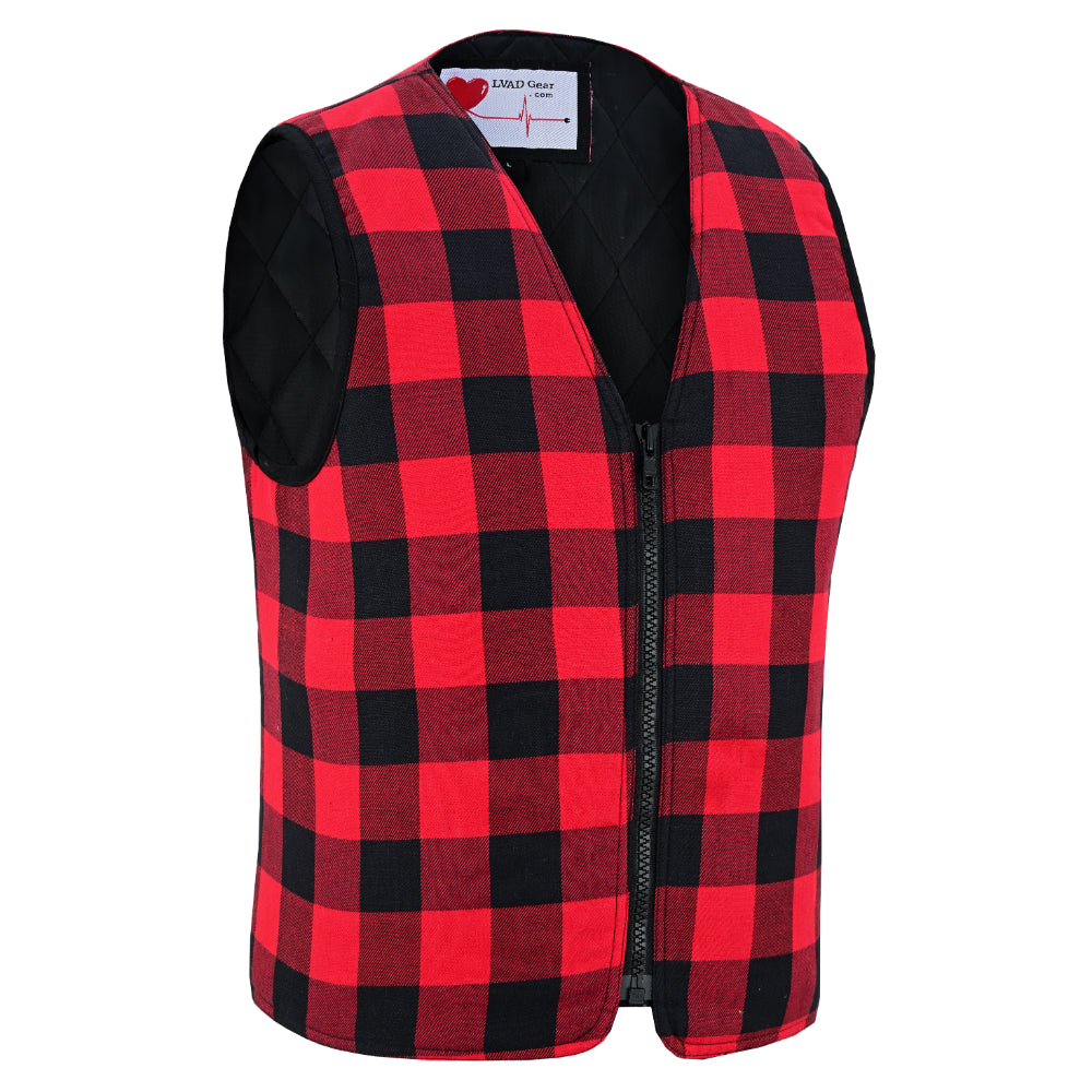 Red and black men's LVAD flannel vest with hidden battery and controller pockets